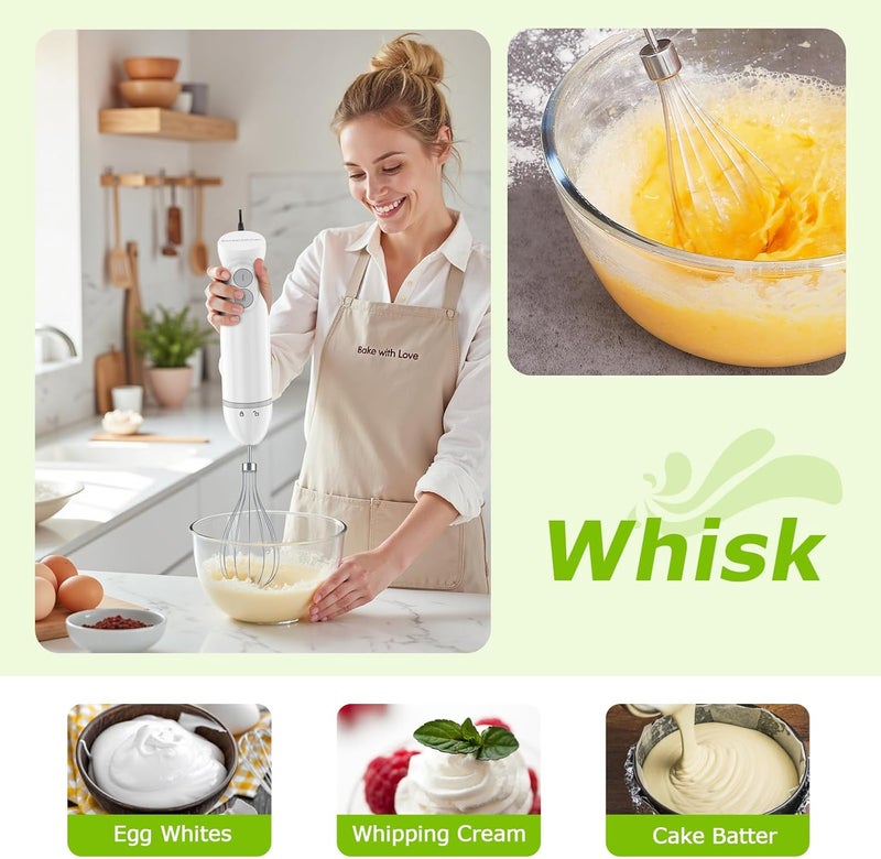 Bonsenkitchen خلاط يدوي، خلاط غمر مع 2 سرعة خلط، خلاط يدوي من الفولاذ المقاوم للصدأ 4 في 1 مع خفاقة بيض، كأس ووعاء مفروم، لطعام الأطفال، الحساء، العصائر، أبيض - Image 3